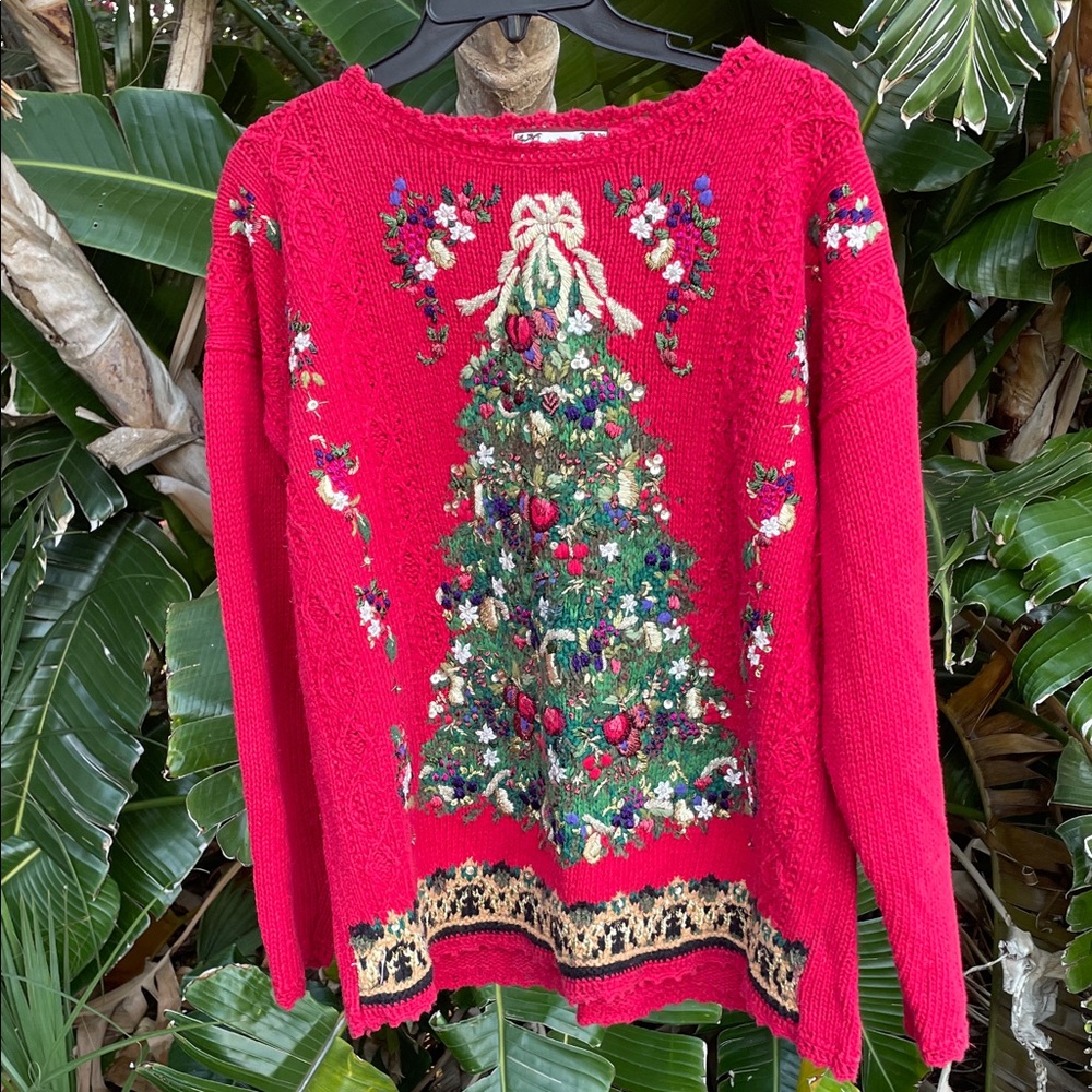 3-D embroidered and sequin Christmas tree and Holly sweater